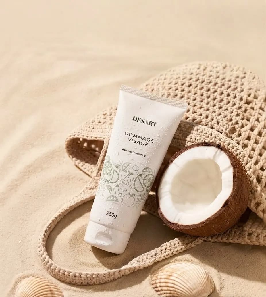 Tube de Gommage Visage Desart posé près d’une noix de coco